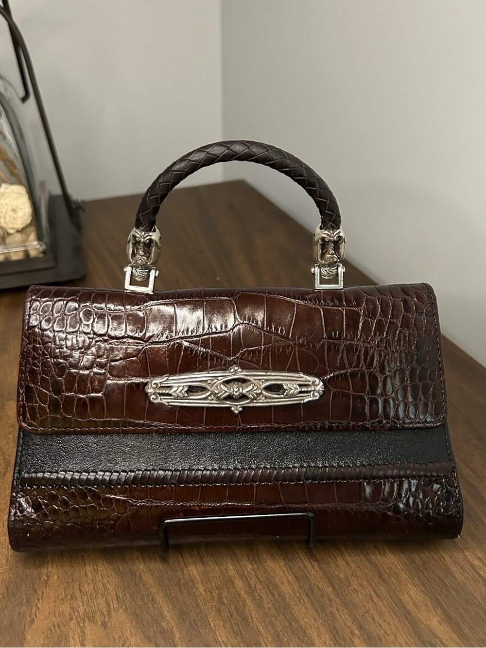 Brighton Brown Croc Embossed Top Handle Mini Purse Wallet Bag